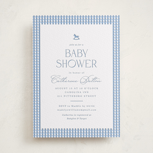 This is a robin's egg baby shower invitations with letterpress by Olivia Raufman called gingham rockinghorse printing on white cotton in standard