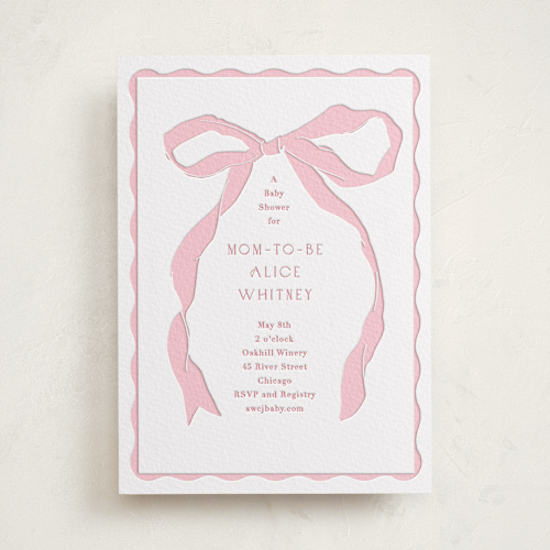 This is a classic pink baby shower invitations with letterpress by Baumbirdy called framed bow printing on somerset500 in standard