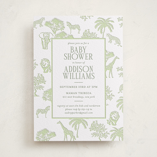 This is a olive baby shower invitations with letterpress by Jenna Holcomb called safari toile printing on white cotton in standard