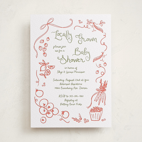 This is a pistachio baby shower invitations with letterpress by Jenna Holcomb called locally grown sketch printing on somerset500 in standard