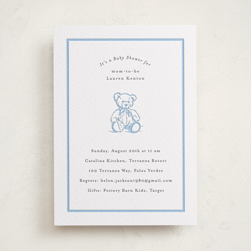 This is a robin's egg baby shower invitations with letterpress by Becky Nimoy called antique teddy bear printing on white cotton in standard