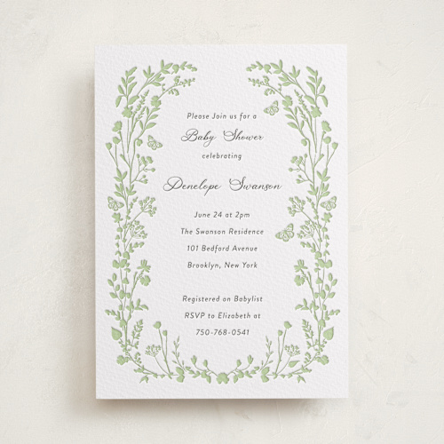 This is a tea green baby shower invitations with letterpress by Susan Moyal called flower garden printing on somerset500 in standard