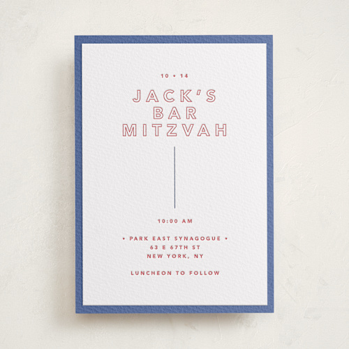 This is a maraschino bar mitzvah bat mitzvah invitations with letterpress by Kindred Fields called color tone printing on white cotton in standard