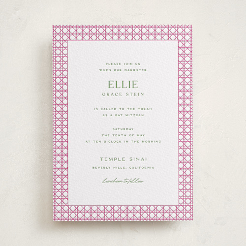 This is a neon pink bar mitzvah bat mitzvah invitations with letterpress by Ellen Schlegelmilch called delicate rattan printing on somerset500 in standard