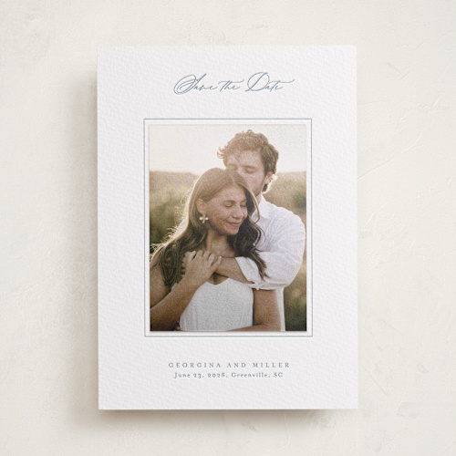 This is a provincial blue save the date with letterpress by Stacey Meacham called modern air printing on somerset500 in photo_mount