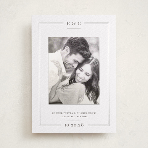 This is a graphite save the date with letterpress by Meagan Christensen called alcott printing on somerset500 in photo_mount