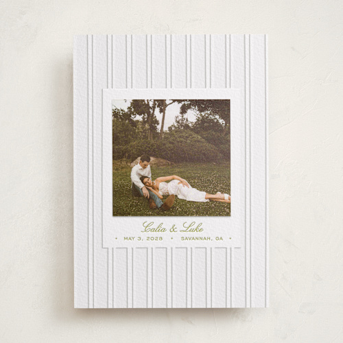 This is a chartreuse save the date with letterpress by Ani Somi called calia printing on luxe white cotton in photo_mount