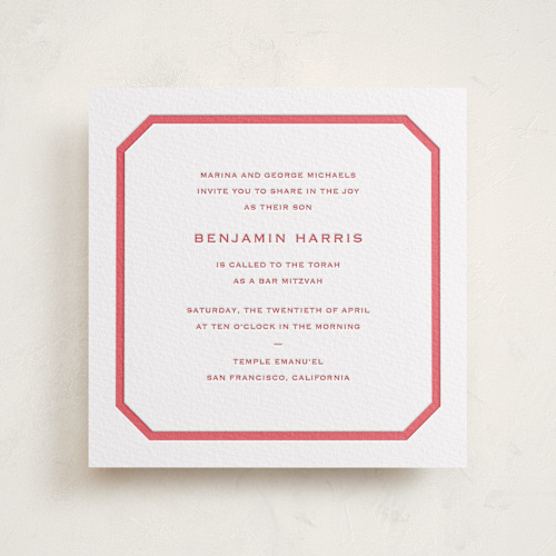 This is a cherry bar mitzvah bat mitzvah invitations with letterpress by Megan Davis called danbury printing on somerset500 in standard