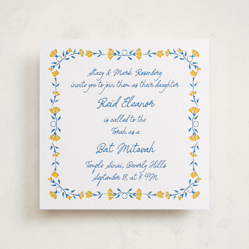 This is a sapphire bar mitzvah bat mitzvah invitations with letterpress by Tamara Hilje called talavera printing on somerset500 in standard