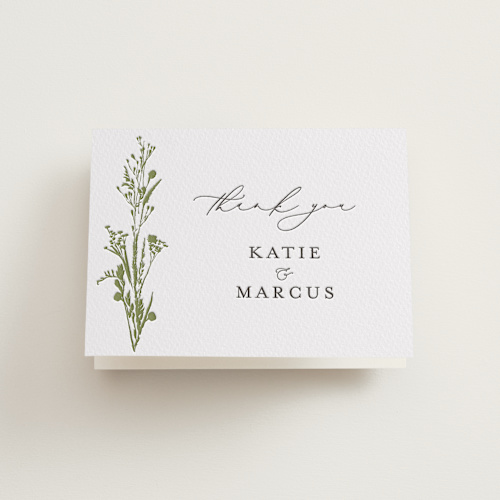 This is a olive wedding thank you cards with letterpress by Susan Moyal called gathered printing on coventry320 in standard