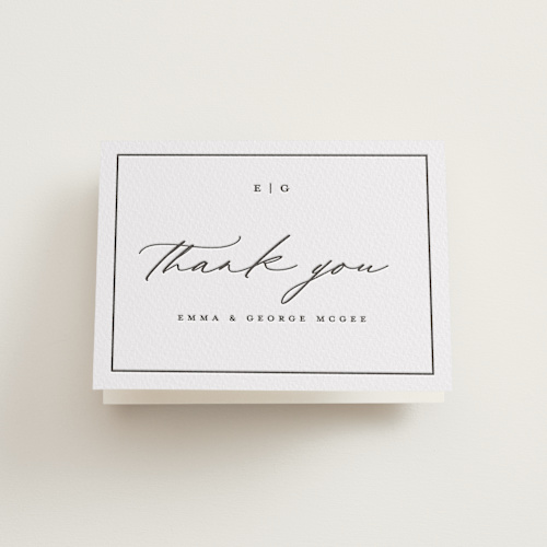 This is a soft black wedding thank you cards with letterpress by Stacey Meacham called heritage printing on coventry320 in standard