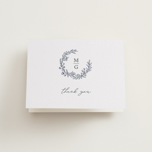 This is a pacific blue wedding thank you cards with letterpress by Katherine Moynagh called wreathed monogram printing on coventry320 in standard