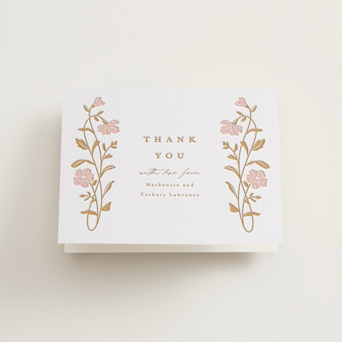 This is a saffron wedding thank you cards with letterpress by Everett Paper Goods called mirror floral printing on coventry320 in standard