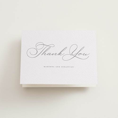 This is a graphite wedding thank you cards with letterpress by Wildfield Paper Co called love letters printing on coventry320 in standard