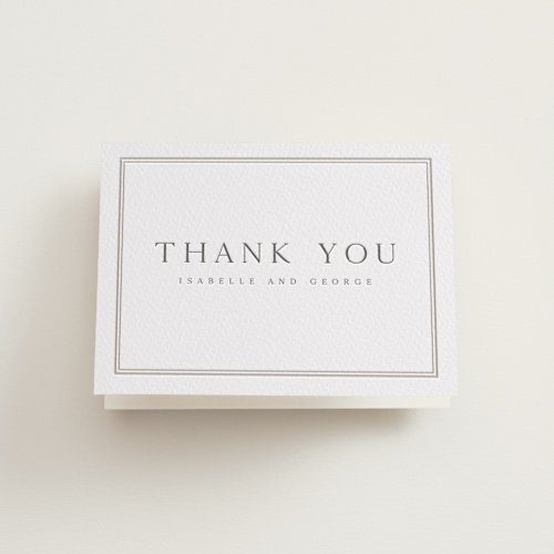 This is a dove grey wedding thank you cards with letterpress by Nicole Walsh called formal serif printing on coventry320 in standard