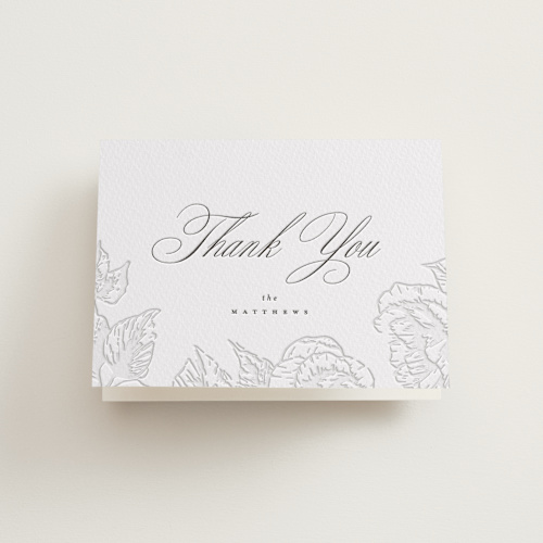 This is a soft black wedding thank you cards with letterpress by Leah Bisch called garden printing on coventry320 in standard