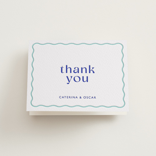 This is a mediterranean wedding thank you cards with letterpress by Olivia Raufman called with a twist printing on coventry320 in standard