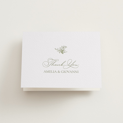 This is a olive wedding thank you cards with letterpress by Lucrecia Caporale called vineyard elegance printing on coventry320 in standard