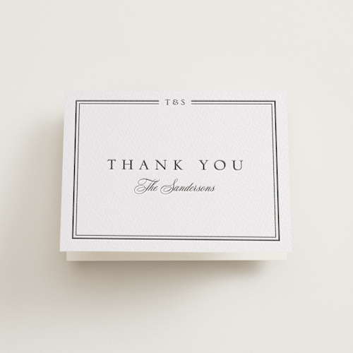This is a soft black wedding thank you cards with letterpress by Nicole Walsh called classic frame printing on coventry320 in standard