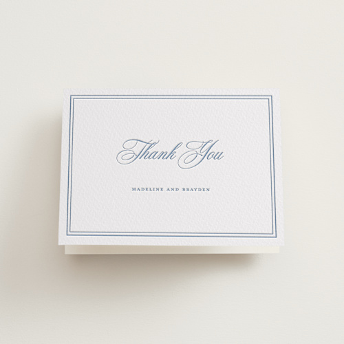 This is a provincial blue wedding thank you cards with letterpress by Melinda Denison called the chapel printing on coventry320 in standard