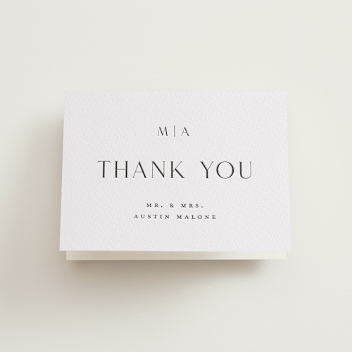 This is a soft black wedding thank you cards with letterpress by Stacey Meacham called simple charm printing on coventry320 in standard