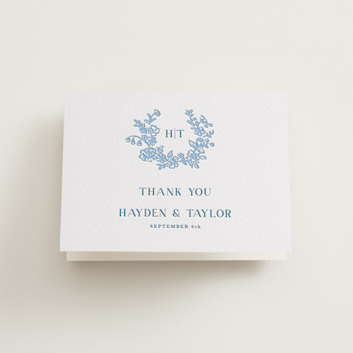 This is a robin's egg wedding thank you cards with letterpress by Cass Loh called flowers monogram printing on coventry320 in standard