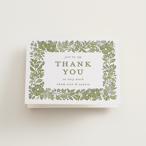 This is a olive wedding thank you cards with letterpress by Sarah Knight called ethereal gardens printing on coventry320 in standard