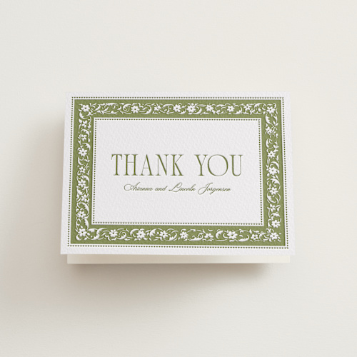 This is a olive wedding thank you cards with letterpress by Robert and Stella called darcy printing on coventry320 in standard