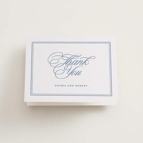 This is a pacific blue wedding thank you cards with letterpress by Creo Study called posh printing on coventry320 in standard