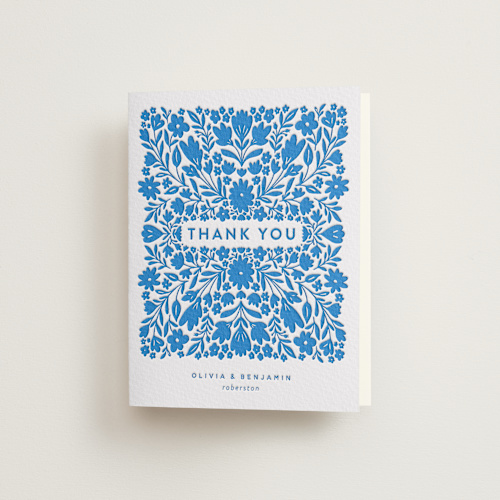 This is a marine blue wedding thank you cards with letterpress by Stephanie Hawkes called floral stamp printing on coventry320 in standard