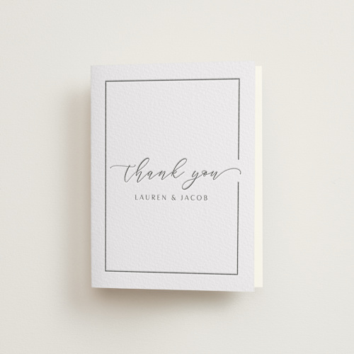 This is a graphite wedding thank you cards with letterpress by Nicole Walsh called asymmetry printing on coventry320 in standard