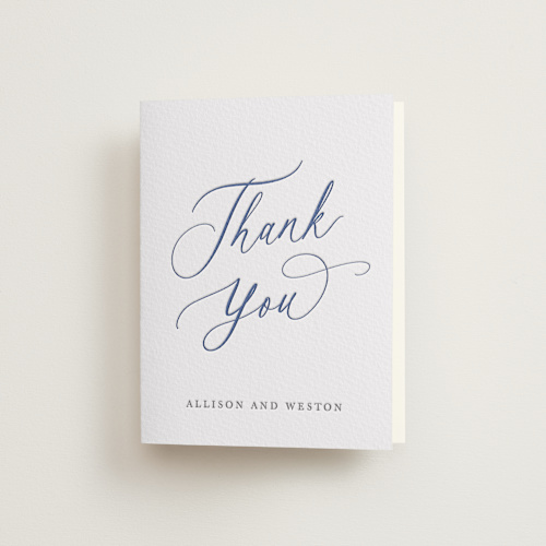 This is a lapis wedding thank you cards with letterpress by Hooray Creative called statement names printing on coventry320 in standard