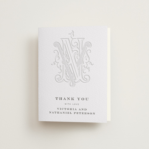 This is a soft black wedding thank you cards with letterpress by Jenna Holcomb called classically printing on coventry320 in standard