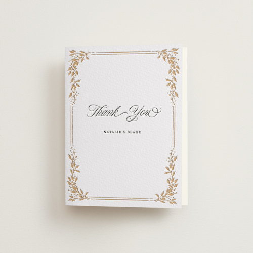 This is a faux gold wedding thank you cards with letterpress by Kate Ahn called lake como printing on coventry320 in standard