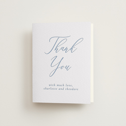 This is a provincial blue wedding thank you cards with letterpress by Jen Movitz called simple type printing on coventry320 in standard