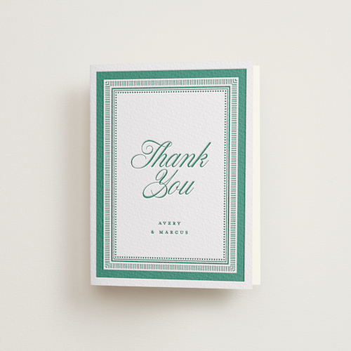 This is a evergreen wedding thank you cards with letterpress by Kelly Watkins called archer printing on coventry320 in standard