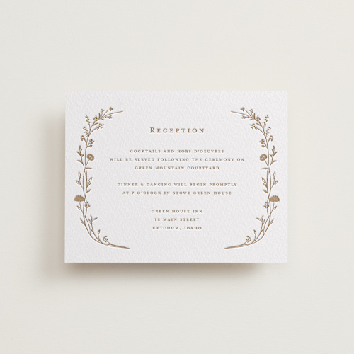 This is a matte gold letterpress wedding invitations with letterpress by chocomocacino called mille-feuille printing on somerset500 in standard