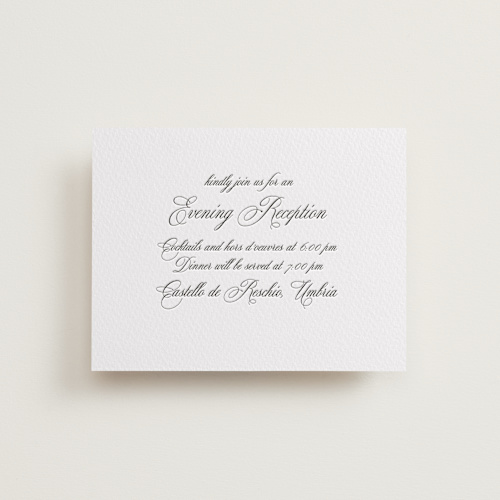 This is a soft black letterpress wedding invitations with letterpress by Benita Crandall called palazzo printing on white cotton in standard