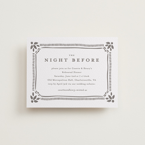 This is a graphite enclosure cards with letterpress by Melanie Kosuge called cosette printing on white cotton in standard
