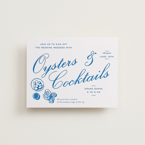 This is a marine blue enclosure cards with letterpress by Megan Davis called brasserie printing on white cotton in standard