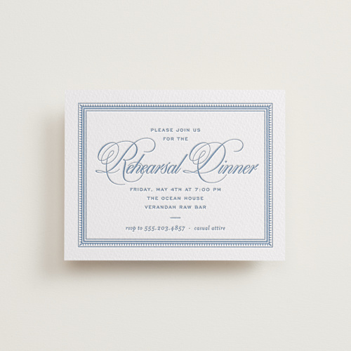 This is a pacific blue enclosure cards with letterpress by Megan Davis called maison printing on white cotton in standard
