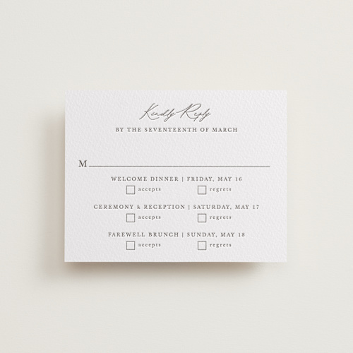 This is a graphite rsvp cards with letterpress by Sarah Brown called mountainview printing on somerset500 in standard