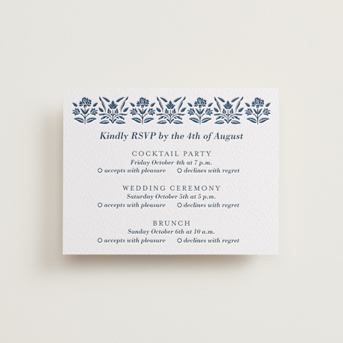 This is a blueberry rsvp cards with letterpress by Oma N. Ramkhelawan called pressed motif printing on white cotton in standard