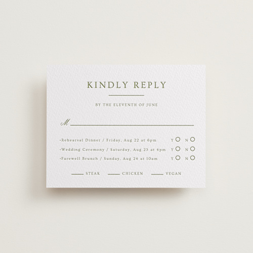 This is a olive rsvp cards with letterpress by Ana Sharpe called summit meadows printing on white cotton in standard