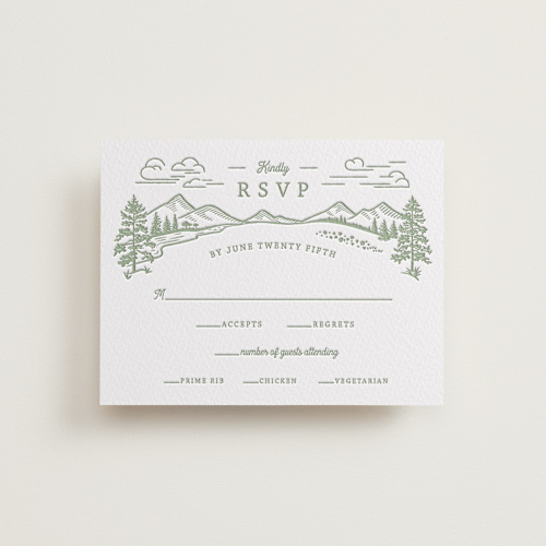 This is a olive rsvp cards with letterpress by Paper Sun Studio called on the horizon printing on white cotton in standard