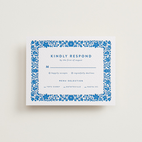 This is a sapphire rsvp cards with letterpress by Stephanie Hawkes called floral stamp printing on somerset500 in standard