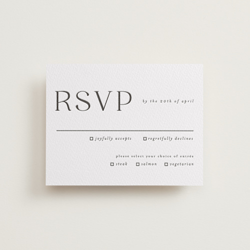 This is a soft black rsvp cards with letterpress by Vera Lim called bold names printing on white cotton in standard