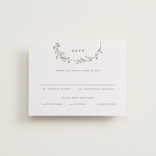This is a matte gold rsvp cards with letterpress by chocomocacino called mille-feuille printing on somerset500 in standard