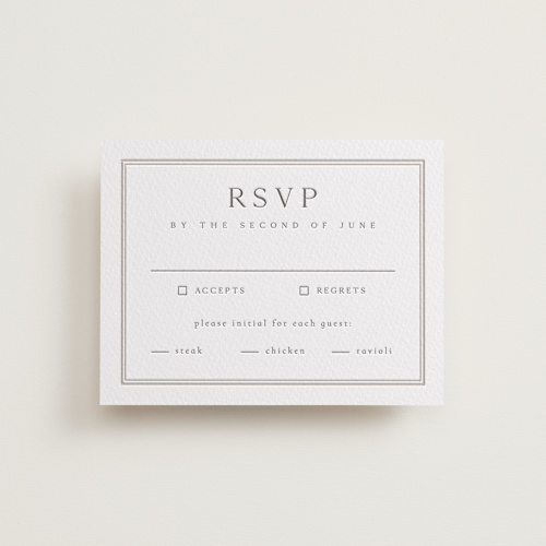 This is a dove grey rsvp cards with letterpress by Nicole Walsh called formal serif printing on somerset500 in standard