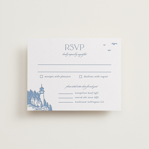 This is a pacific blue rsvp cards with letterpress by Tennie and Co. called the cliff printing on white cotton in standard